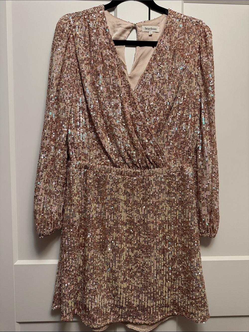 Heartloom Long-Sleeve Sequin Wrap Mini Dress in Rose